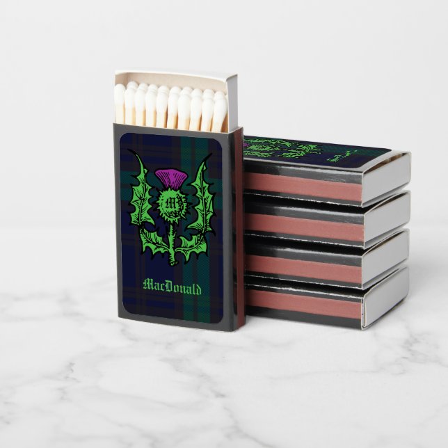 Scottish Thistle on Dark Tartan Custom Name Matchboxes (Stacked)