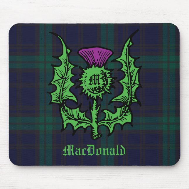Scottish Thistle on Dark Tartan Custom Name Mouse Pad (Front)