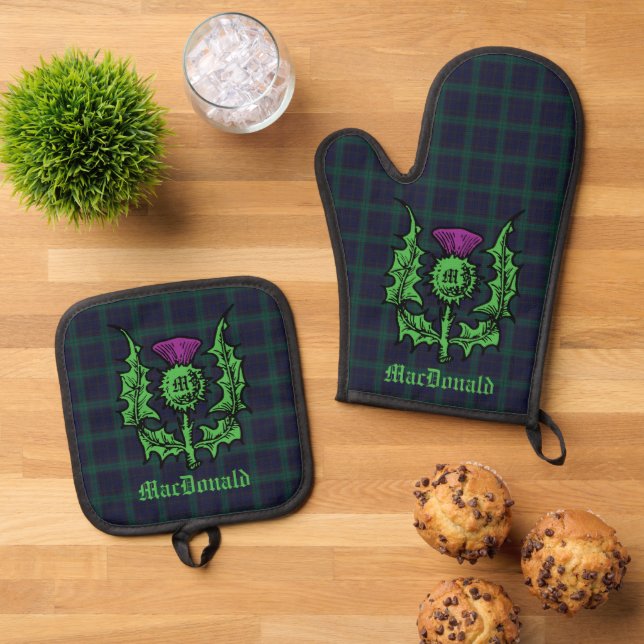 Scottish Thistle on Dark Tartan Custom Name Oven Mitt & Pot Holder Set (Top Down)