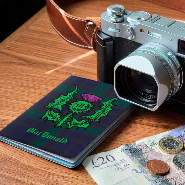 Scottish Thistle on Dark Tartan Custom Name Passport Holder (Creator Uploaded)