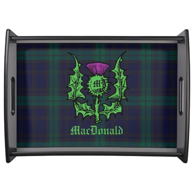 Scottish Thistle on Dark Tartan Custom Name Serving Tray (Front)