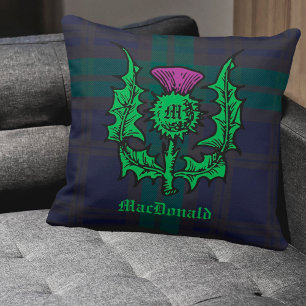 Scottish Thistle on Dark Tartan Custom Name Throw Pillow