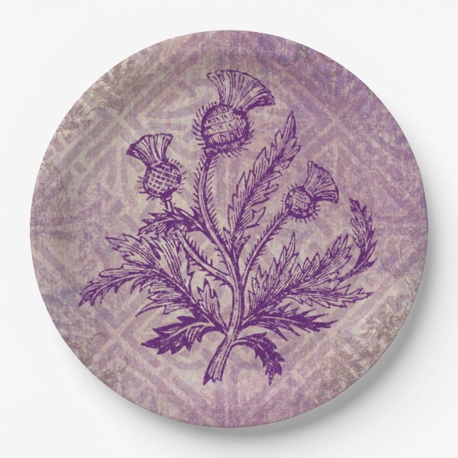Scottish Thistle Purple Celtic Knot Paper Plates (Front)