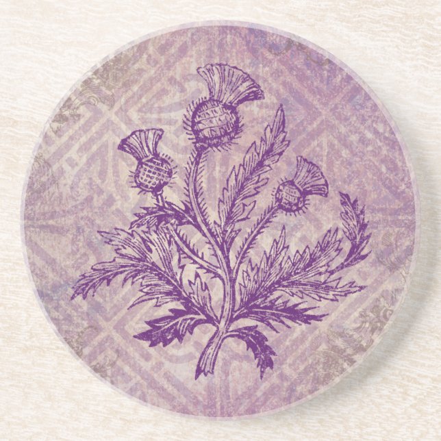 Scottish Thistle Purple Celtic Knot Sandstone Coaster (Front)