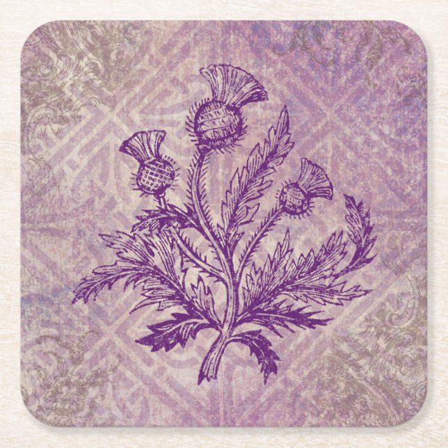 Scottish Thistle Purple Celtic Knot Square Paper Coaster (Front)