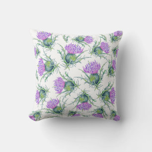 Scottish thistle - purple flower watercolor throw pillow