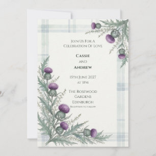 Scottish Thistle Sage Tartan Wedding Invitation