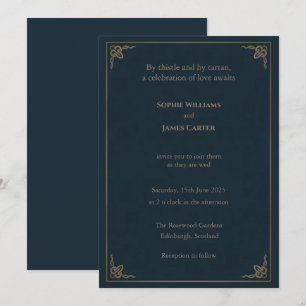 Scottish Thistle Tartan Navy Gold Corner Frame Wed Invitation
