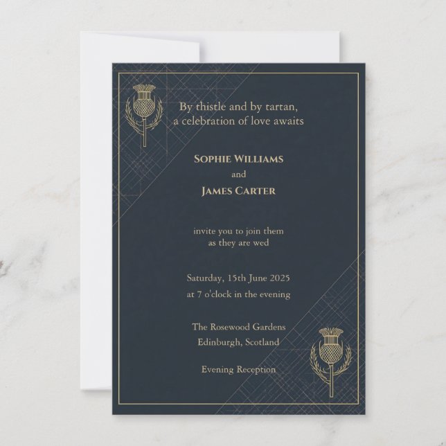 Scottish Thistle Tartan Navy Gold Evening Invitati Invitation (Front)