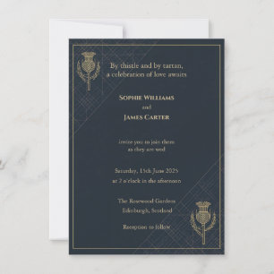 Scottish Thistle Tartan Navy Gold Wedding Invite