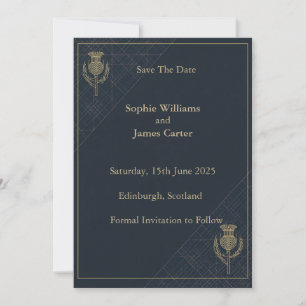 Scottish Thistle Tartan Navy Gold Wedding Save The Date