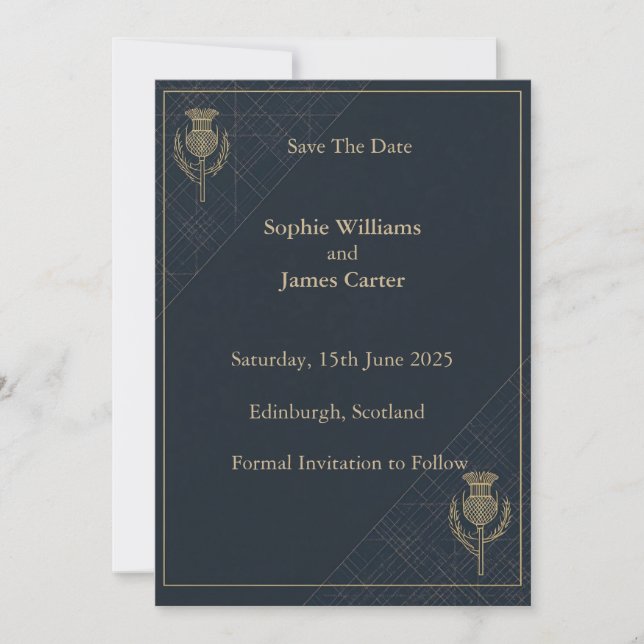 Scottish Thistle Tartan Navy Gold Wedding Save The Date (Front)