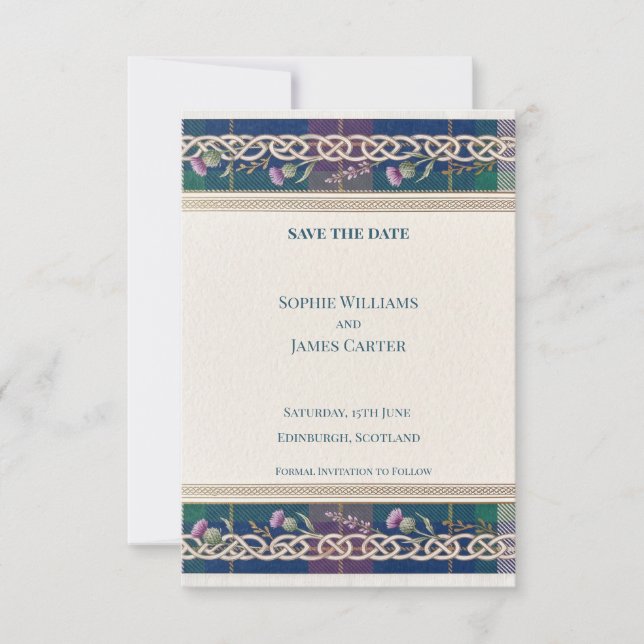 Scottish Thistle Tartan Save The Date Card (Front)