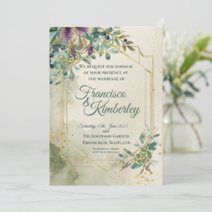 Scottish Thistle Watercolour Gold Frame Wedding Invitation