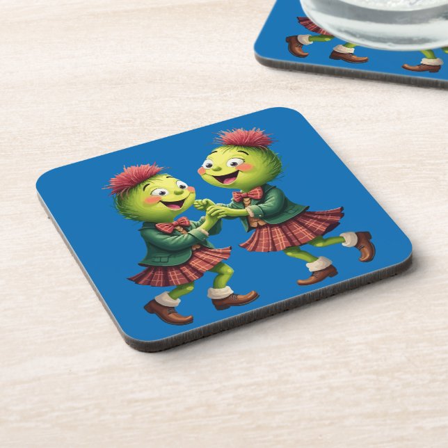 Scottish Thistles Wearing Plaid Dancing Ceilidh Beverage Coaster (Left Side)