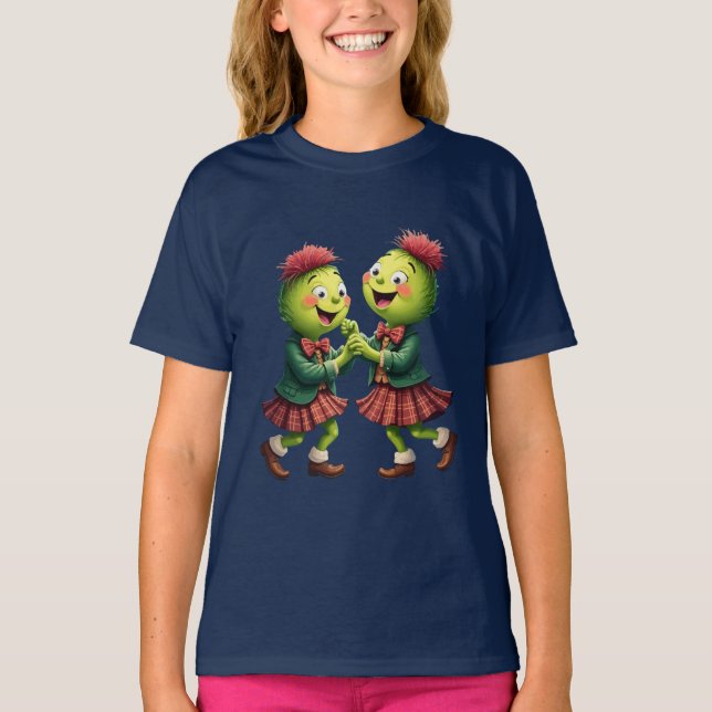 Scottish Thistles Wearing Plaid Dancing Ceilidh T-Shirt (Front)