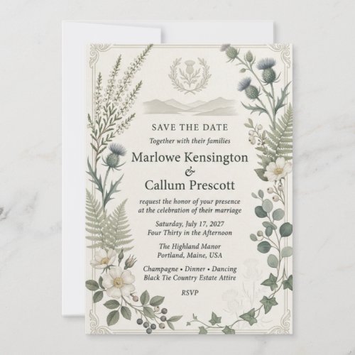 Scottish Thistles, White Wild Roses, Heather, Fern Invitation