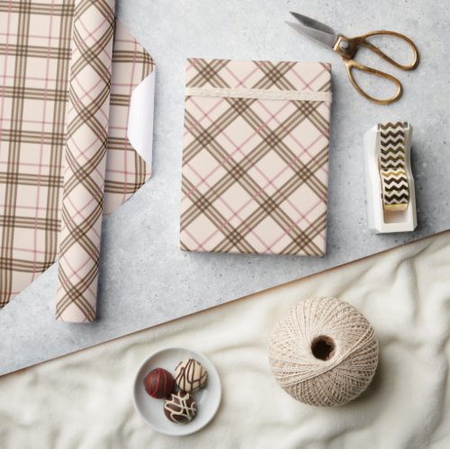 Scottish Thompson plaid tartan beige brown pink Wrapping Paper