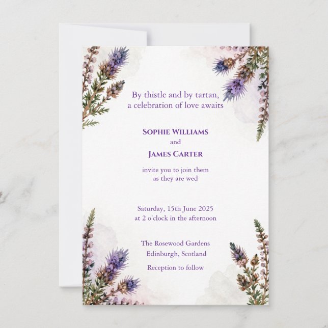 Scottish Watercolour Thistle Wedding Invitation (Front)