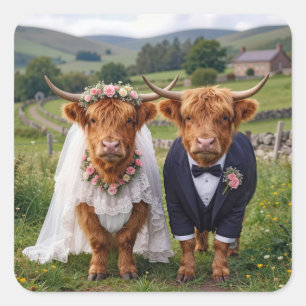 Scottish Wedding Highland Cows Square Sticker