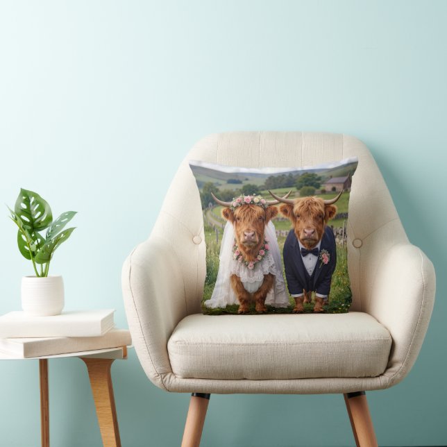 Scottish Wedding Highland Cows Throw Pillow (Chair)