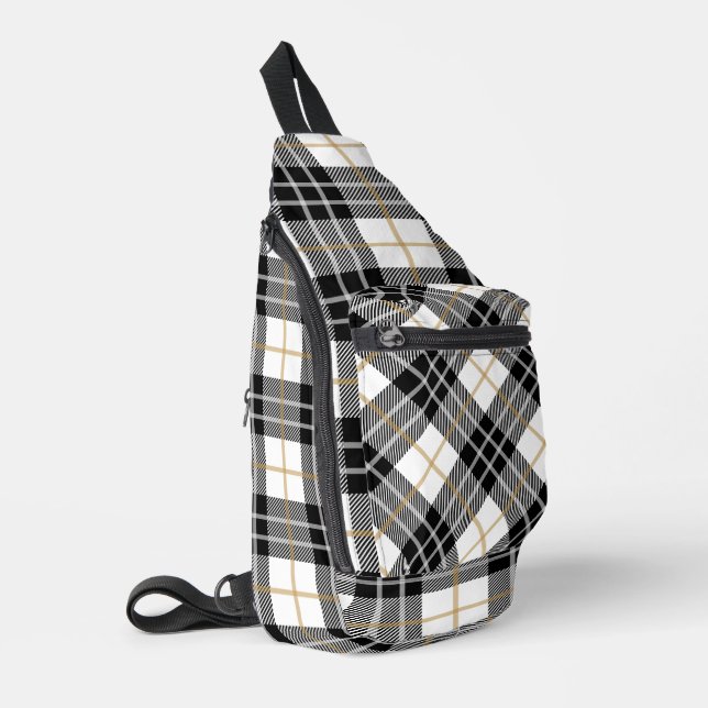 Scottish White, Gold and Black Tartan Plaid Sling Bag (Left Corner)