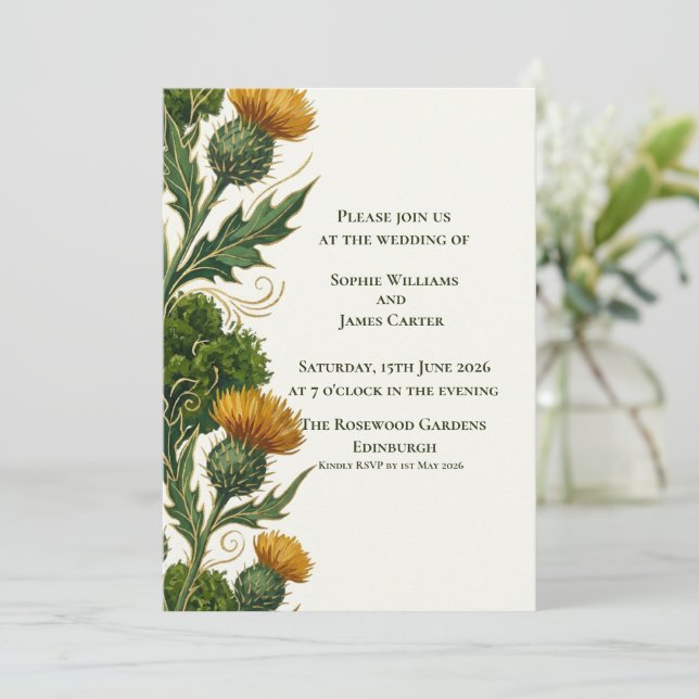 Scottish Yellow Thistle Gold Swirl Wedding Invitation (Standing Front)