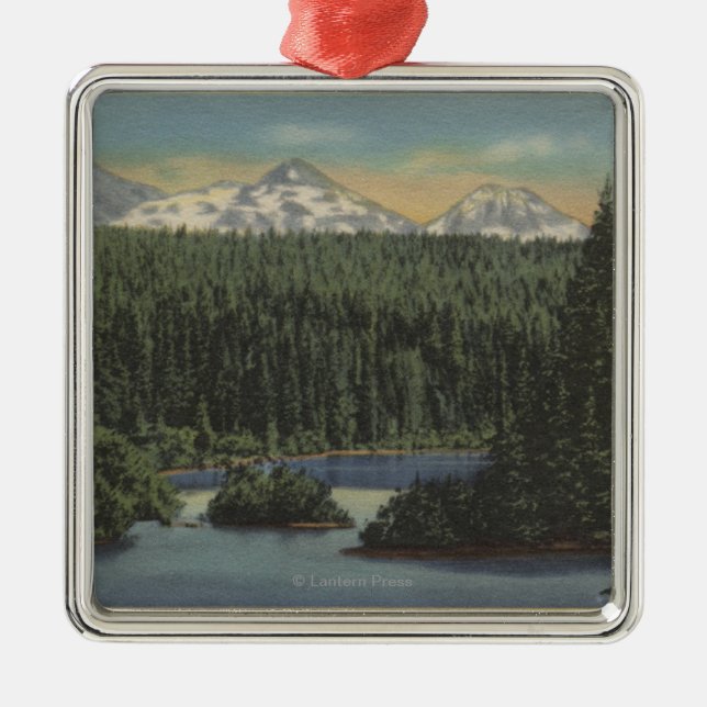 Scotts Lake, Oregon - View of Three Sisters Metal Ornament (Front)