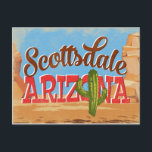 Scottsdale Arizona Vintage Travel Postcard<br><div class="desc">Scottsdale Arizona neo vintage travel poster wall art in cartoon retro style featuring the desert,  a cactus and red rock environment.</div>