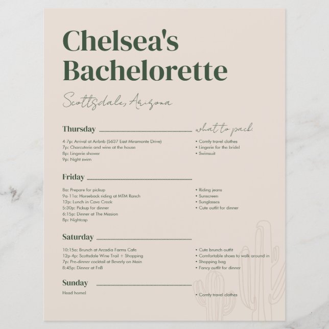 Scottsdale Bachelorette Weekend Itinerary (Front)