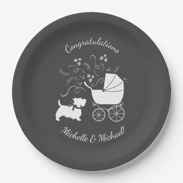 Scotty Dog Baby Shower Puppy Scottish Terrier Gray Paper Plates (Front)