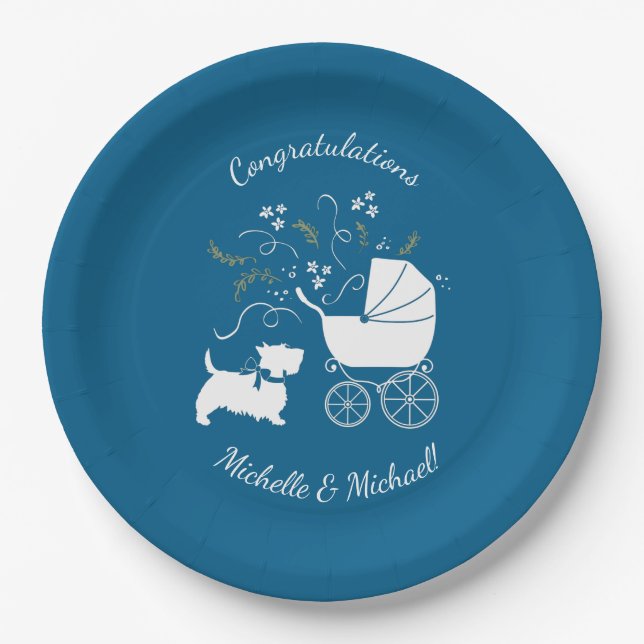 Scotty Dog Baby Shower Scottish Terrier Blue Paper Plates (Front)