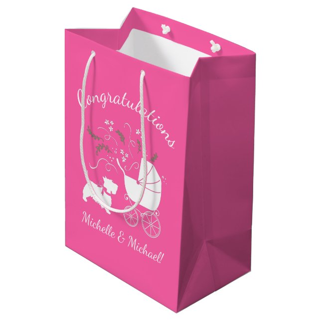 Scotty Dog Baby Shower Scottish Terrier Pink Medium Gift Bag (Back Angled)