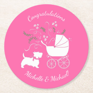 Scotty Dog Baby Shower Scottish Terrier Pink Round Paper Coaster