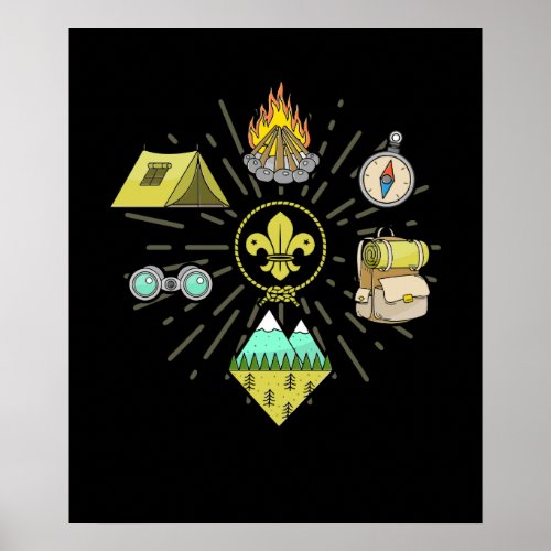 Scout Campfire Camp Compass Hiking Adventure Poster