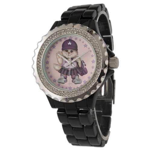 SCOUT CAT GIRL Rhinestone Black Enamel Watch