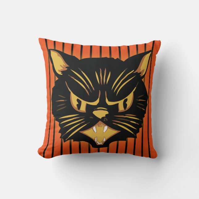 Scowling Black Cat With Black and Orange Stripe Throw Pillow (Front)