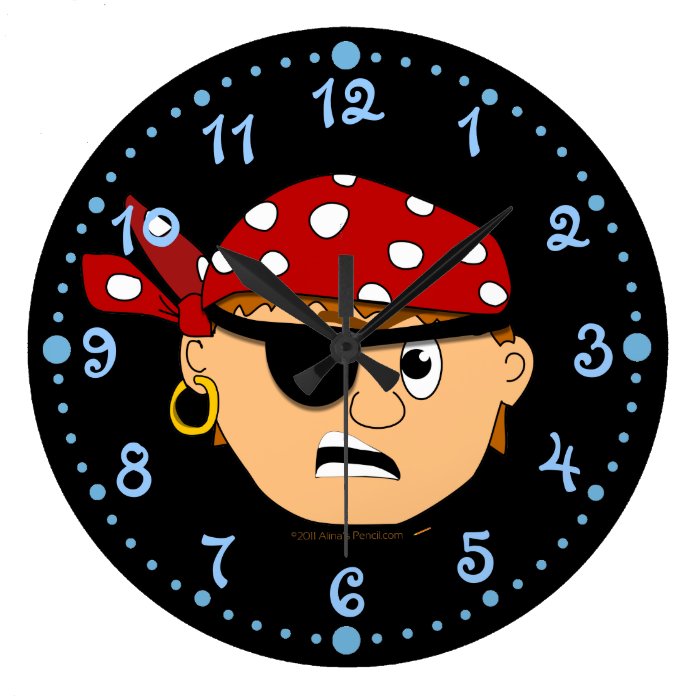 Scowling Boy Pirate Kids Wall Clock w/ Minutes