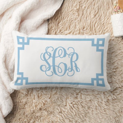SCR Sky Blue Greek Key Script Monogram Lumbar Pillow