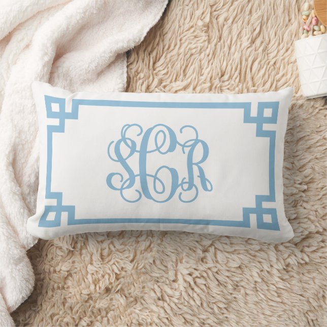 SCR Sky Blue Greek Key Script Monogram Lumbar Pillow (Blanket)