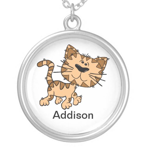 Scraggly Cat Cartoon Add Name Silver Plated Necklace