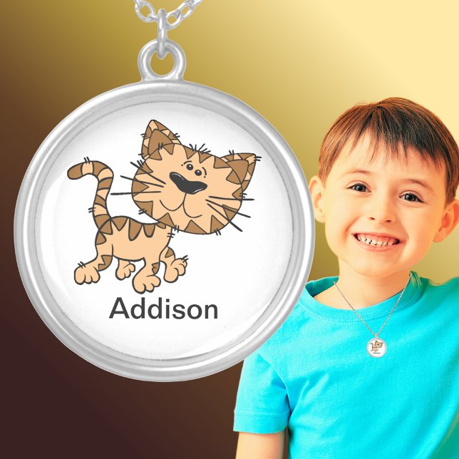 Scraggly Cat Cartoon Add Name Silver Plated Necklace (Scraggly Cat Cartoon Add Name Silver Plated Necklace)