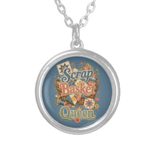 Scrap Basket Queen Quilter Cottagecore Silver Plated Necklace