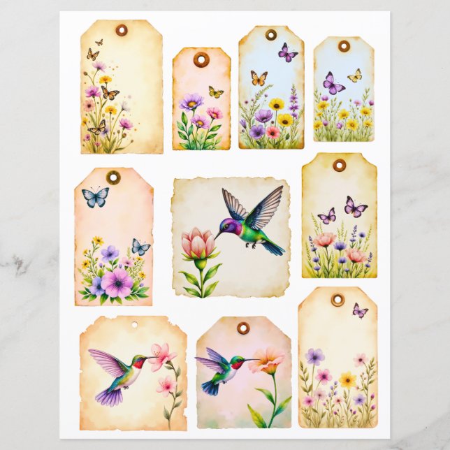 Scrapbook Botanical Ephemera Hummingbird Tags (Front)