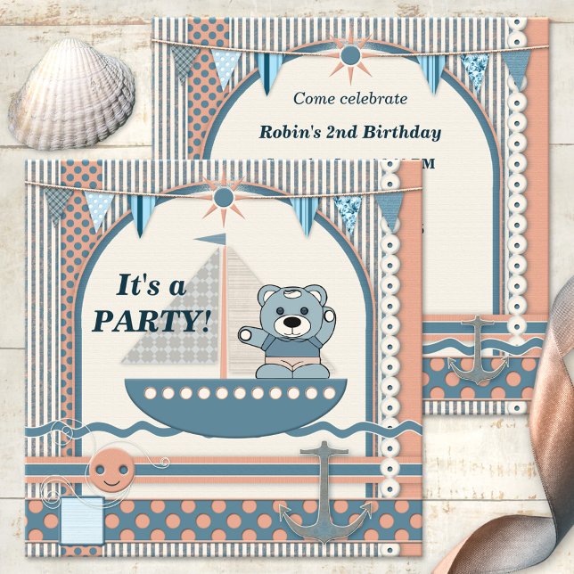 Scrapbook Sailboat Nautical Birthday Kids Party  Invitation (A cute sailboat or nautical invitation for a child or toddler's birthday party in a scrapbook style)