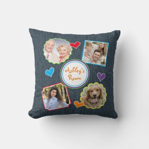 Scrapbook Style Family Photo Template Faux Denim Throw Pillow