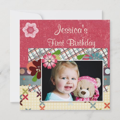 Scrapbook Style Girls' 1st Birthday Photo Personalized Invitation