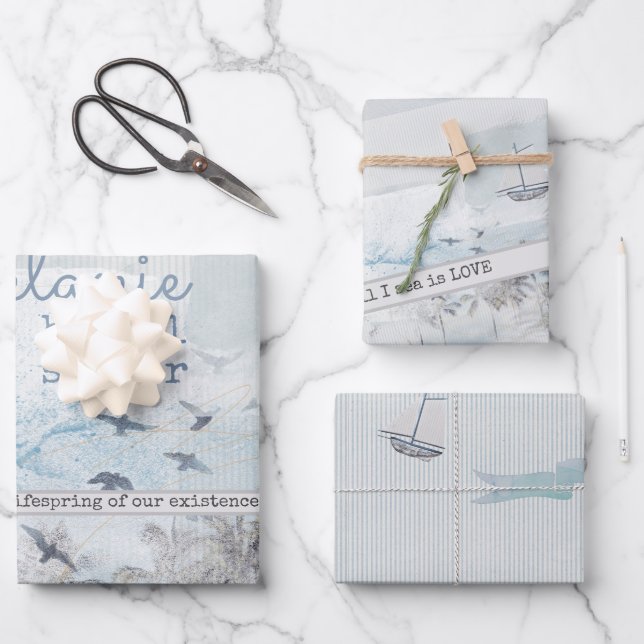 Scrapbooked Sea of Love Bridal Shower Wrapping Paper Sheets (Front)