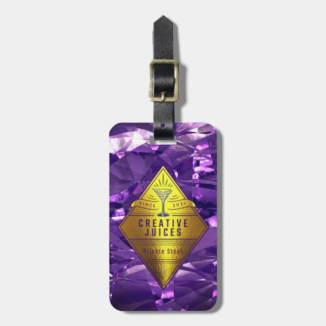 Scrapbooker Purple Foil Design “Creative Juices” Luggage Tag (Front Vertical)