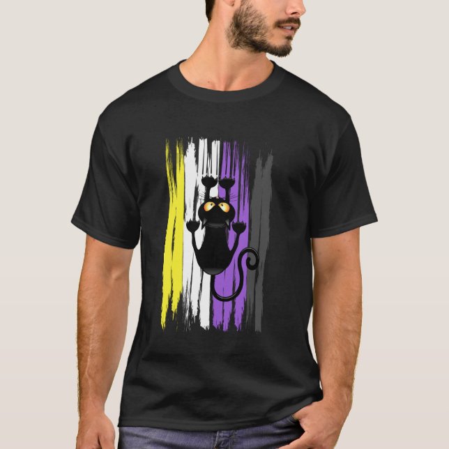 Scratch Cat Climbing Nonbinary Pride Grunge Enby H T-Shirt (Front)